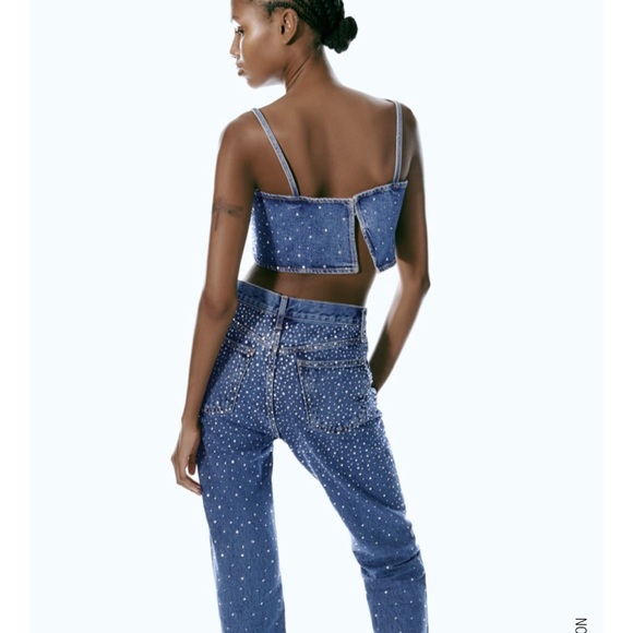 ZARA RHINESTONE DENIM CROP TOP - Picture 4 of 7